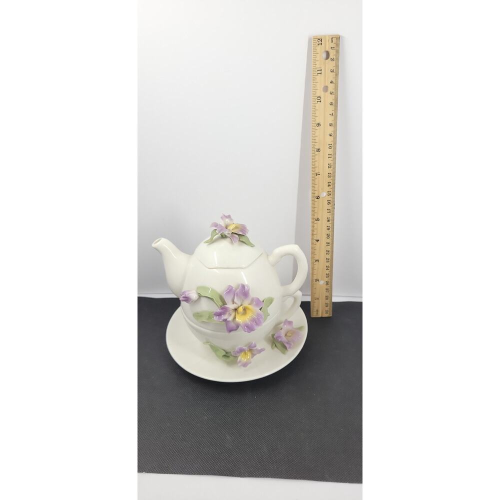 Porcelain Tea For One Set 3D Purple Iris Flowers Teapot Cup Saucer Floral - Picture 11 of 11
